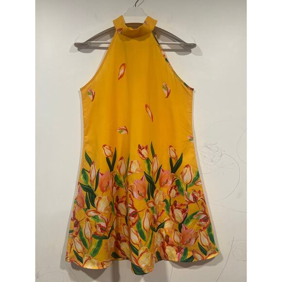 Women’s Halter Floral Short Dress Size XS Yellow Summer Vacation Resortwear - Picture 5 of 8